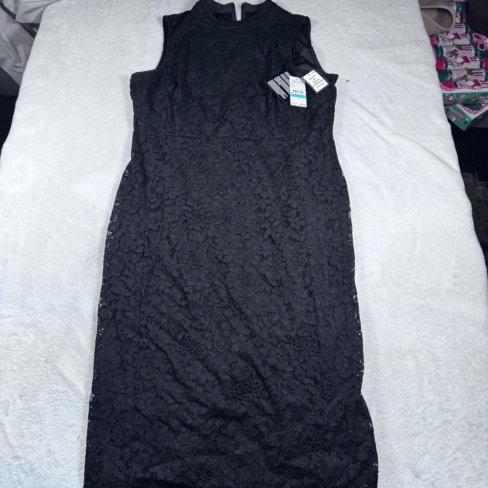 Nine West Dress Womens 16 Black Lace Sheath Sleeveless Lined Cocktail Keyhole